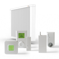 ELKATHERM Electric panel storage heater PLK100, PLN100, PL100, PLD100, PLL100, Digital radio thermostat 712, Surface mount receiver 714 or Wireless wall socket receiver 713, Open window detection 710K or 710G, Router 701UK, ErP-Ready